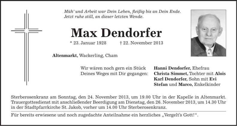 Traueranzeige Max Dendorfer