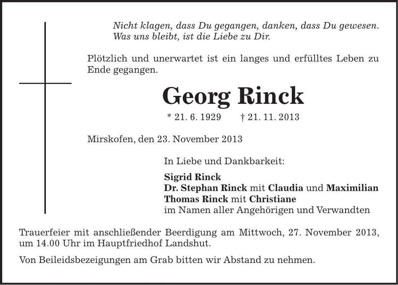 Traueranzeige Georg Rinck