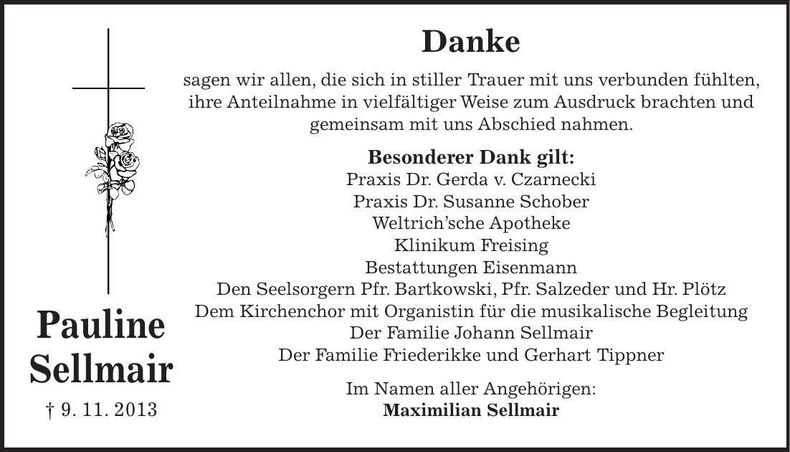 Traueranzeige Pauline Sellmair