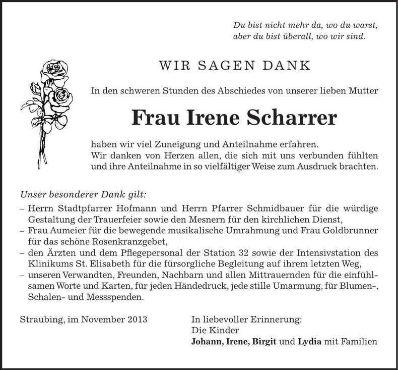Traueranzeige Irene Scharrer