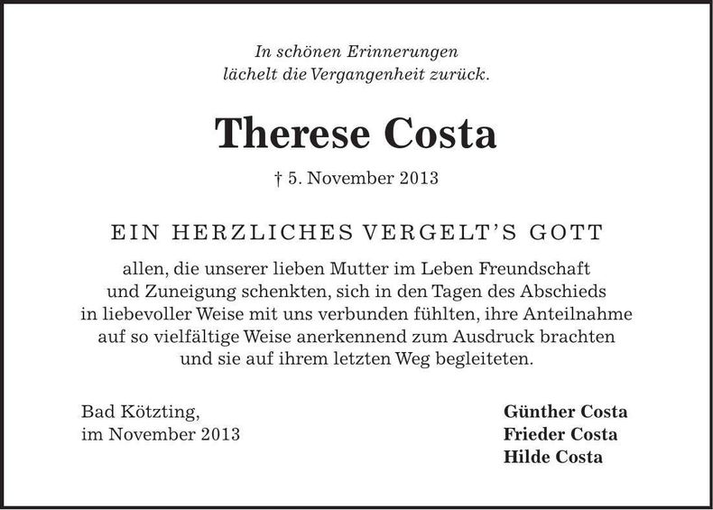 Traueranzeige Therese Costa