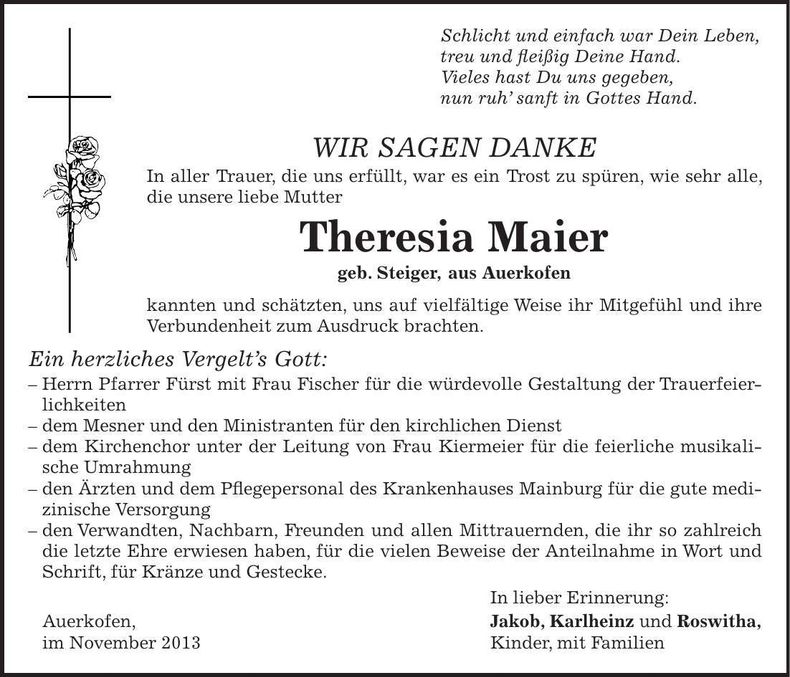 Traueranzeige Theresia Maier