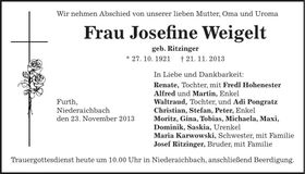 Traueranzeige Josefine Weigelt