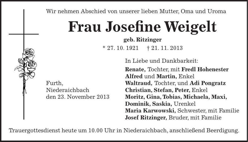 Traueranzeige Josefine Weigelt