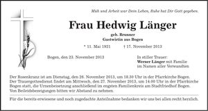 Traueranzeige Hedwig Länger