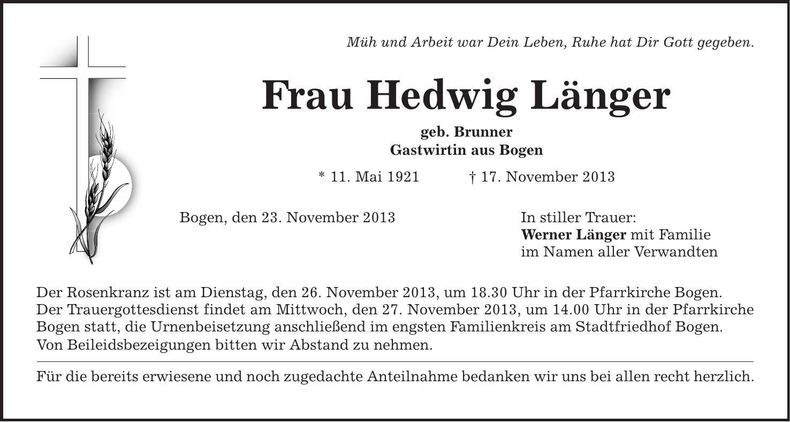 Traueranzeige Hedwig Länger