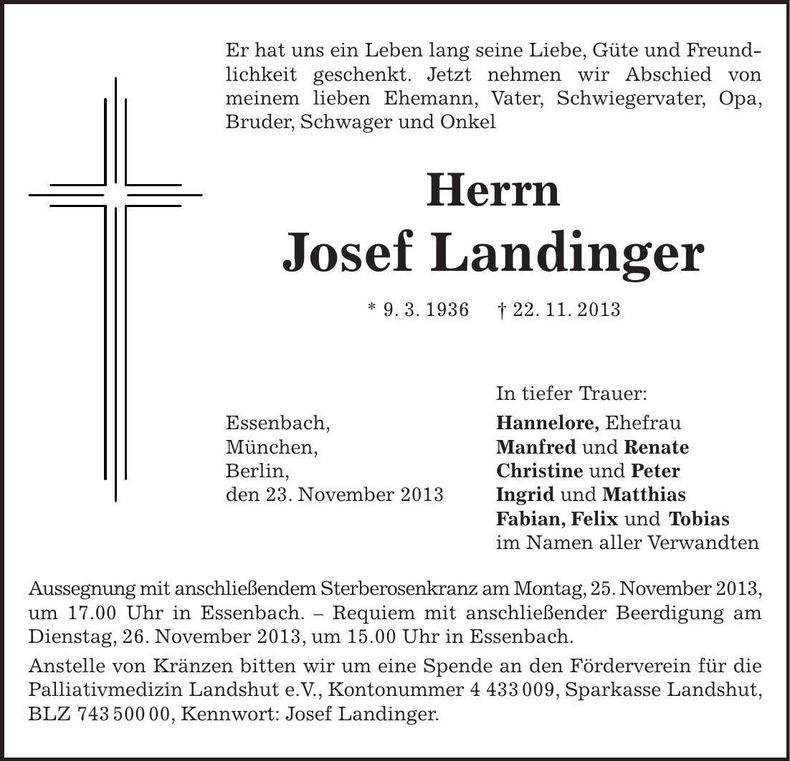 Traueranzeige Josef Landinger