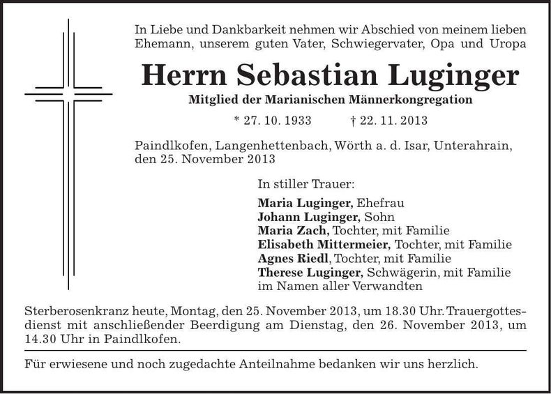 Traueranzeige Sebastian Luginger