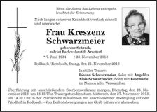 Traueranzeige Kreszenz Schwarzmeier