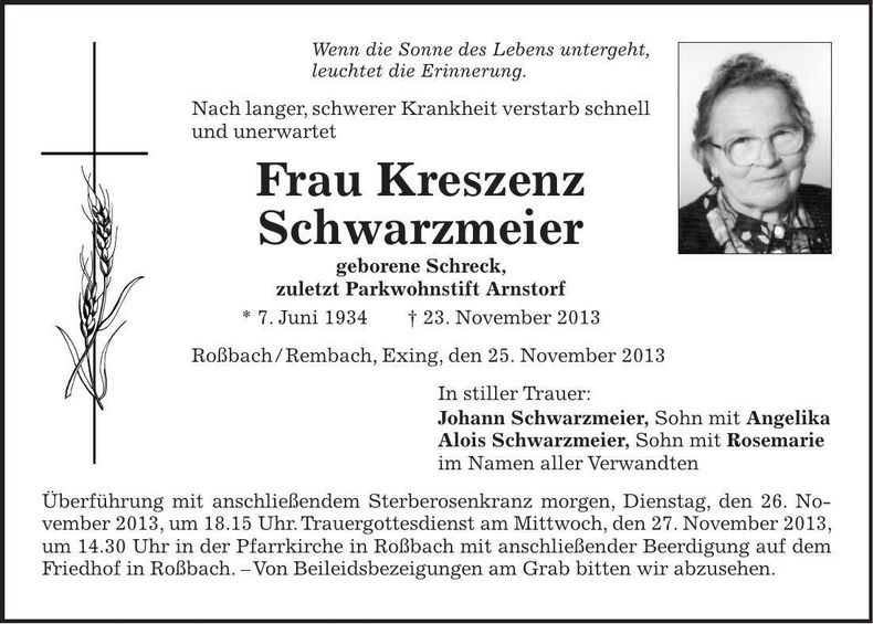 Traueranzeige Kreszenz Schwarzmeier