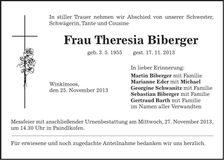 Traueranzeige Theresia Biberger
