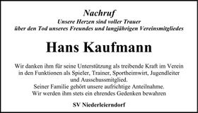 Traueranzeige Hans Kaufmann
