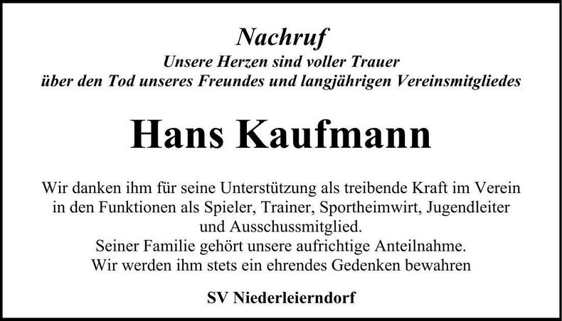 Traueranzeige Hans Kaufmann