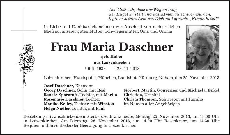 Traueranzeige Maria Daschner