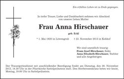 Traueranzeige Anna Hirschauer