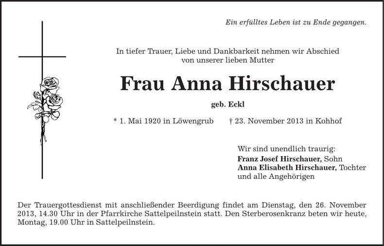 Traueranzeige Anna Hirschauer