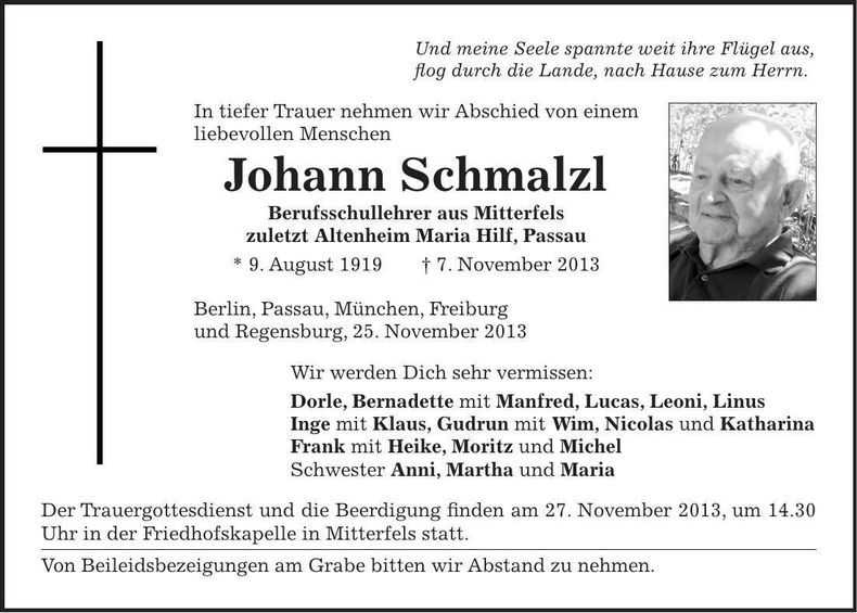 Traueranzeige Johann Schmalzl