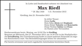 Traueranzeige Max Riedl