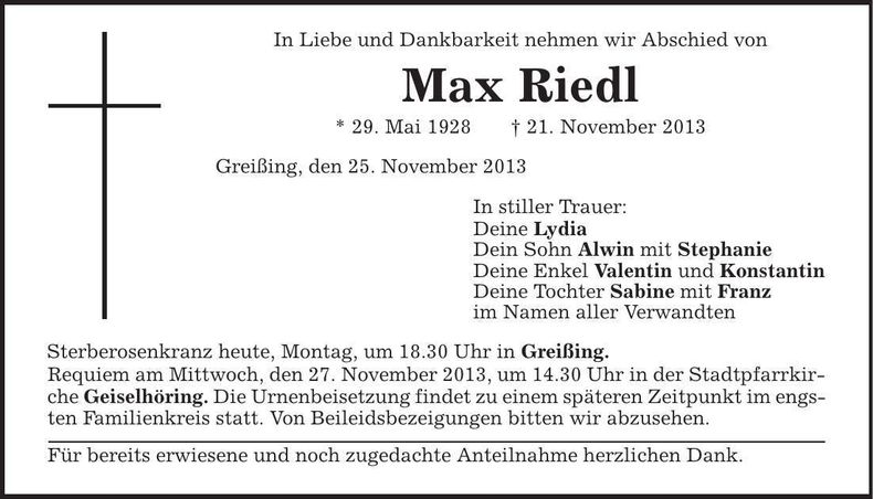 Traueranzeige Max Riedl