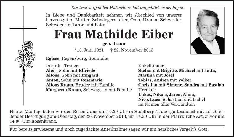 Traueranzeige Mathilde Eiber