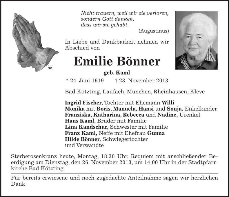 Traueranzeige Emilie Bönner