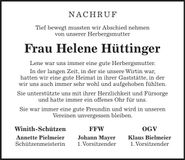 Traueranzeige Helene Hüttinger