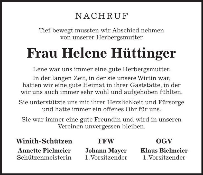 Traueranzeige Helene Hüttinger