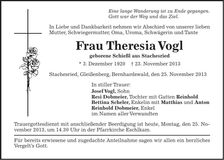 Traueranzeige Theresia Vogl
