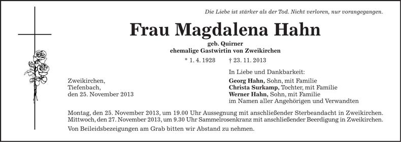 Traueranzeige Magdalena Hahn