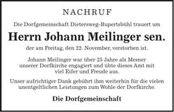Traueranzeige Johann Meilinger