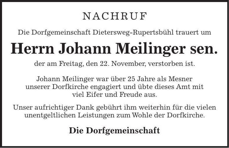 Traueranzeige Johann Meilinger