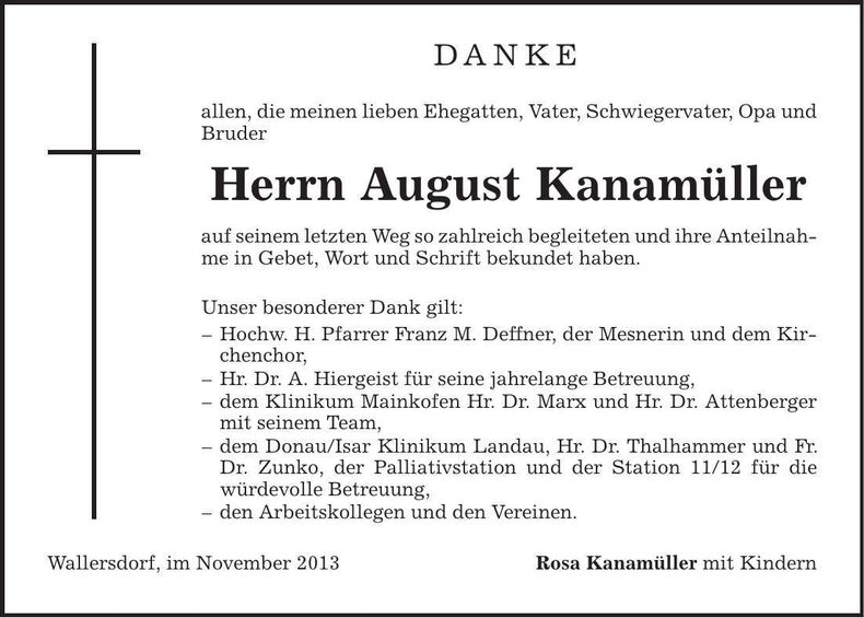 Traueranzeige August Kanamüller