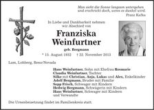 Traueranzeige Franziska Weinfurtner