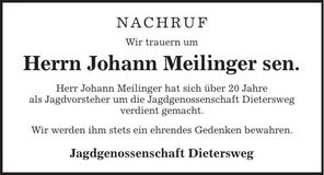 Traueranzeige Johann Meilinger