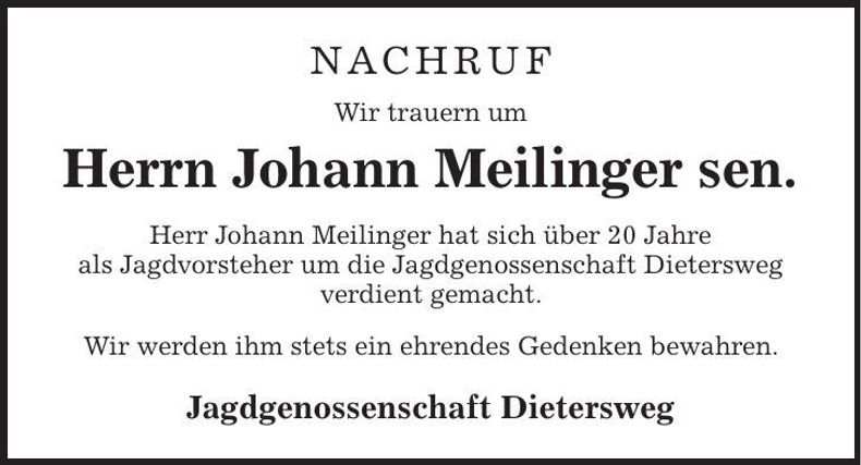 Traueranzeige Johann Meilinger