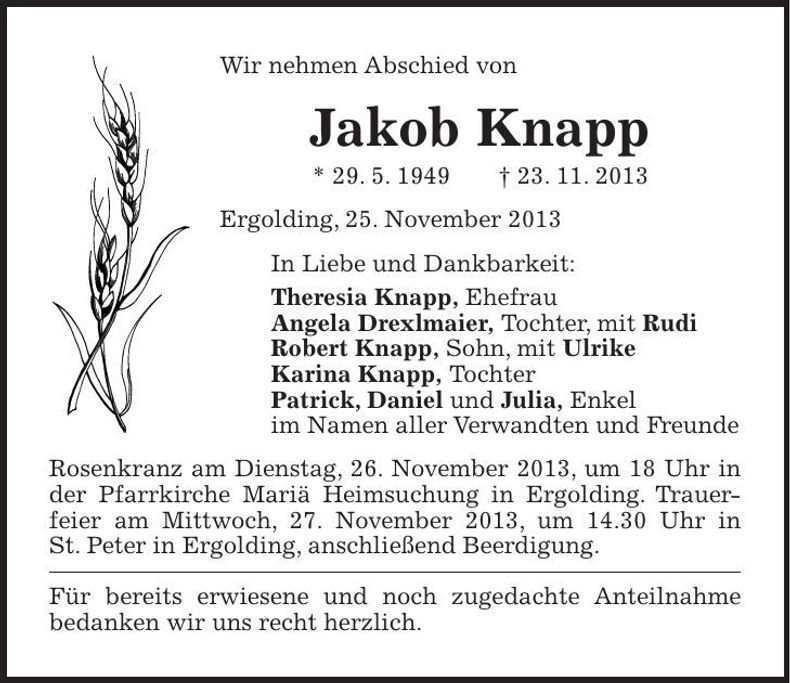 Traueranzeige Jakob Knapp