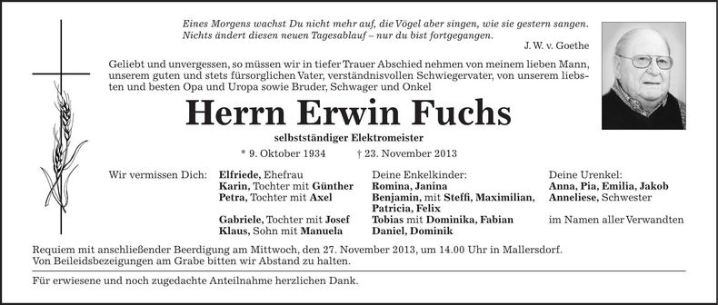 Traueranzeige Erwin Fuchs