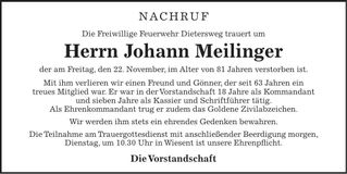 Traueranzeige Johann Meilinger