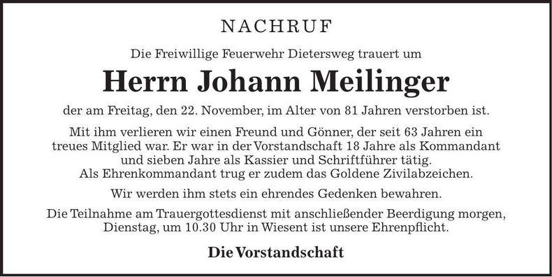 Traueranzeige Johann Meilinger