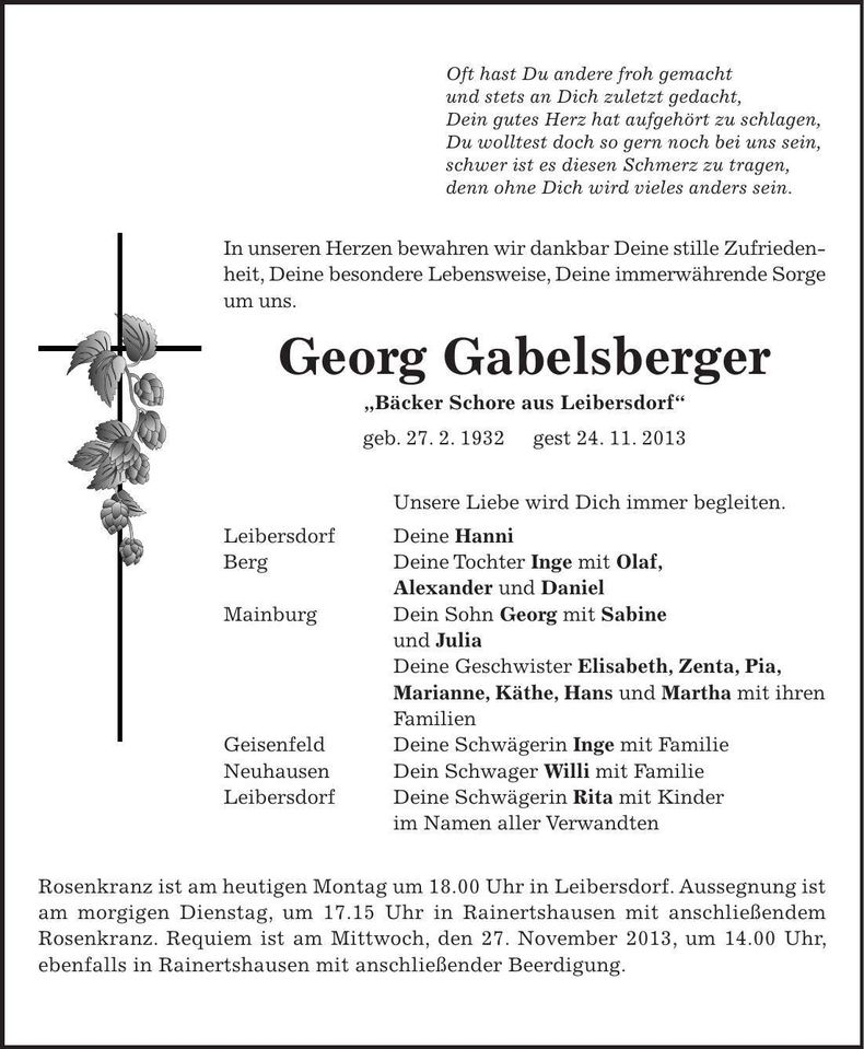 Traueranzeige Georg Gabelsberger