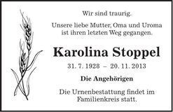 Traueranzeige Karolina Stoppel