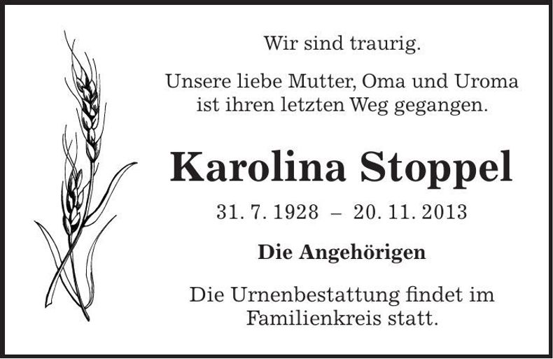 Traueranzeige Karolina Stoppel