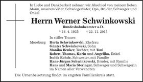 Traueranzeige Werner Schwinkowski