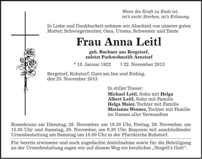 Traueranzeige Anna Leitl