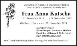 Traueranzeige Anna Kutscha
