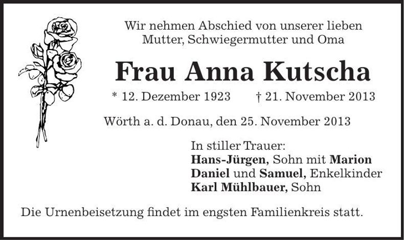 Traueranzeige Anna Kutscha