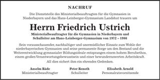 Traueranzeige Friedrich Ustrich