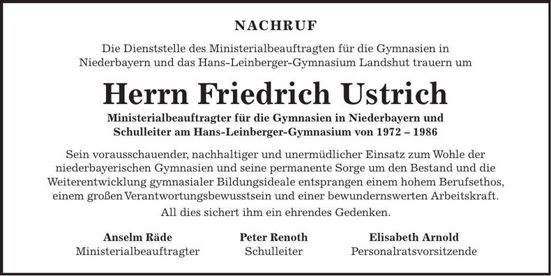 Traueranzeige Friedrich Ustrich