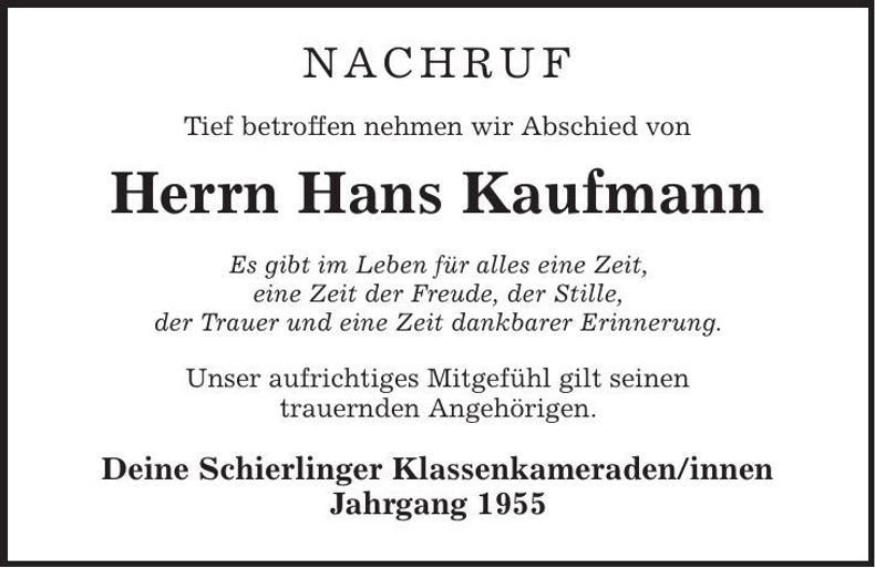 Traueranzeige Hans Kaufmann