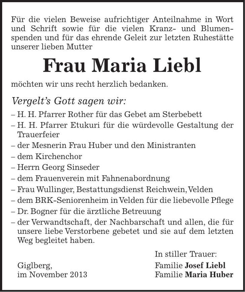 Traueranzeige Maria Liebl